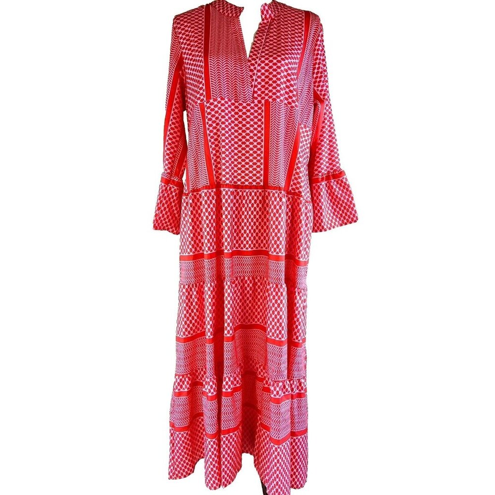 Red Muu Muu Moo Dress Shift Duster Red Pink V Neck Ruffle Sleeve LONG 51” L EUC